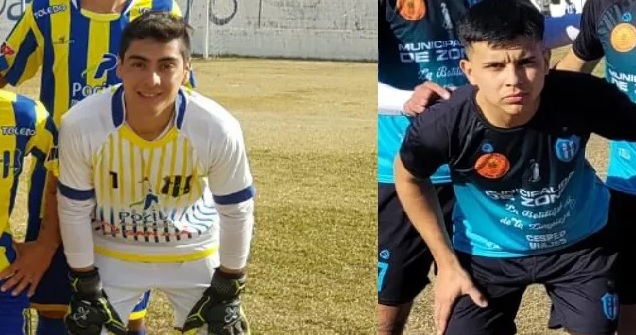 El arquero Eduardo Araya de Juventud Unida (izq) fue quien agredió con un puntapíé en la cabeza a Joaquin Casivar de Recabarren (der) y lo envió al hospital.